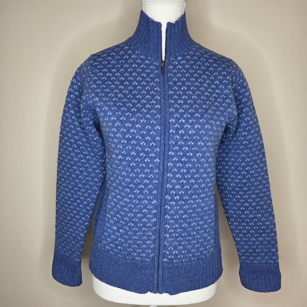 LL Bean Womens Blue Birds Eye 100% Lambswool Full Zip Cardigan Sweater S-REG‎